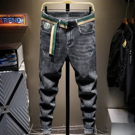 夏季款黑色牛仔裤男潮牌修身小脚男士直筒宽松休闲长裤子男生百搭商品大图