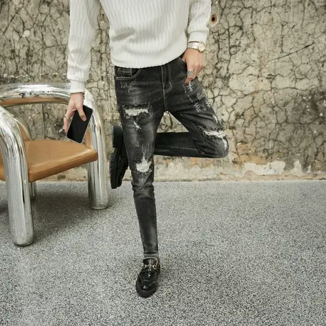 个性破洞牛仔裤男韩版修身小脚裤潮流青年百搭铅笔裤2022冬季长裤商品大图