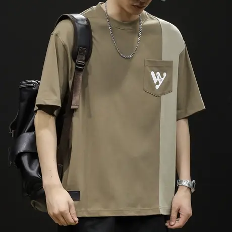 拼接重磅短袖t恤男士夏季宽松大码潮牌2023新款男装纯棉体恤男款商品大图