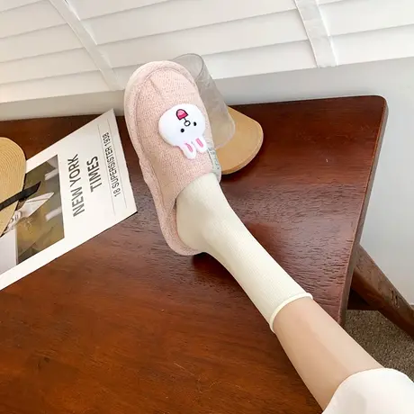 卡通家居鞋亚麻小白兔大学毛绒学生四季室内软底防滑女可爱拖鞋女商品大图