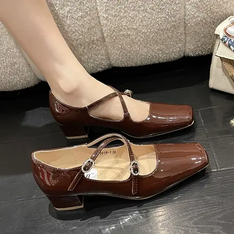 2023夏季新款法式小众复古方头交叉带玛丽珍粗跟单鞋女中高跟皮鞋商品大图