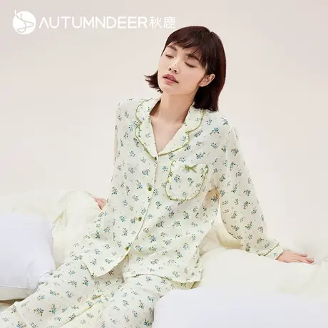 秋鹿棉纱睡衣女碎花长袖长裤开衫少女花边纯棉纱布家居服春秋套装图片