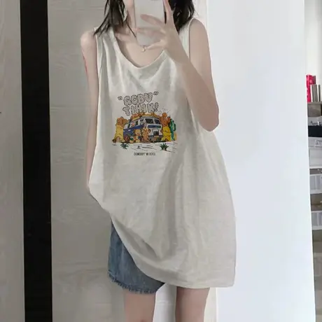 美式纯棉吊带坎肩背心无袖t恤女夏季设计感小众外穿宽松挂脖上衣商品大图