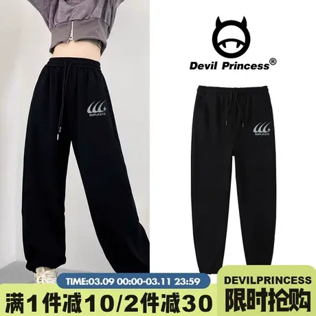 黑色运动裤女2024秋冬新款宽松直筒休闲美式加绒款阔腿束脚卫裤潮图片