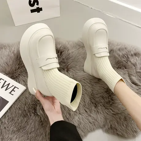 白色短靴女春秋单靴弹力针织袜靴小个子厚底瘦瘦靴连袜乐福小皮鞋商品大图