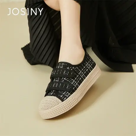 Josiny/卓诗尼帆布鞋女款2024春季黑色小香风魔术贴休闲板鞋女鞋商品大图