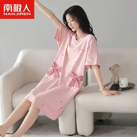 南极人睡衣女士夏季纯棉短袖甜美睡裙2023年新款蝴蝶结粉色家居服商品大图