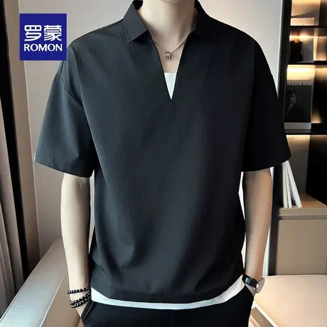 罗蒙男士冰丝短袖Polo衫夏季薄款鸡心V领男装上衣服休闲带翻领T恤图片