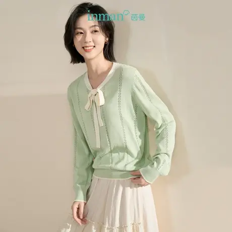 【商场同款】茵曼2023春女装新款法式优雅V领系带挑孔宽松针织衫图片