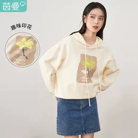 【商场同款】茵曼宽松女2022年春季新款连帽印花休闲落肩全棉卫衣图片