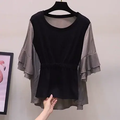 韩版喇叭袖T恤女收腰显瘦上衣百搭2023夏季新款女装拼色大版小衫商品大图