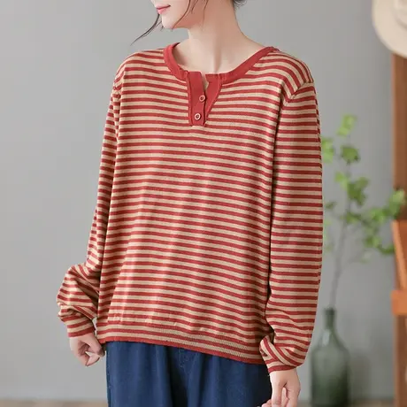 dza 复古棉线针织T恤女春秋内搭休闲上衣打底衫宽松小V领条纹毛衣商品大图