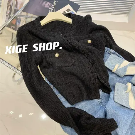 黑色小香风气质毛衣短外套女秋2022新款百搭宽松显瘦长袖上衣开衫商品大图