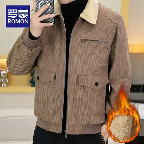 罗蒙灯芯绒外套男士秋冬季加绒翻领夹克爆款2023新款加厚保暖上衣商品大图
