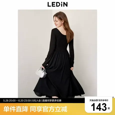乐町甜美U领长袖连衣裙秋季新款芭蕾风拼接小黑裙腰侧绑带长裙商品大图