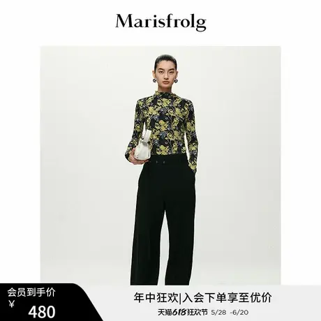 【艺术匠坊】玛丝菲尔春季新款复古撞色花稿高领打底衫上衣女商品大图