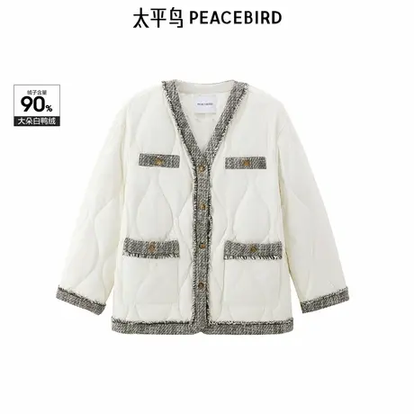 太平鸟女装V领小香风羽绒服冬新款拼接撞色一手长气质外套图片