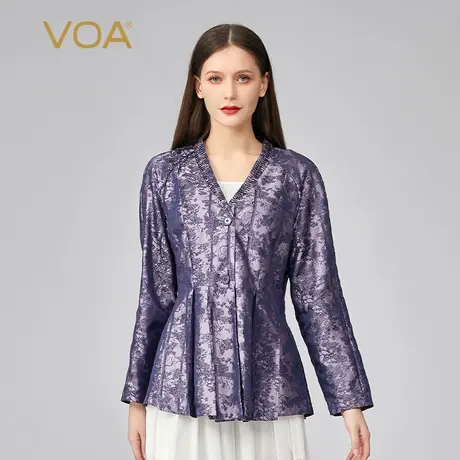 VOA真丝色织提花紫色V领单排两粒扣褶皱拼接长袖商务桑蚕丝外套图片