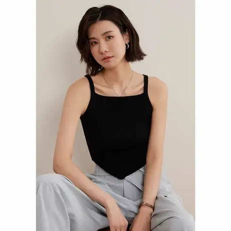 弥古黑色一字领吊带背心女夏外穿内搭不规则针织打底抹胸短款上衣图片