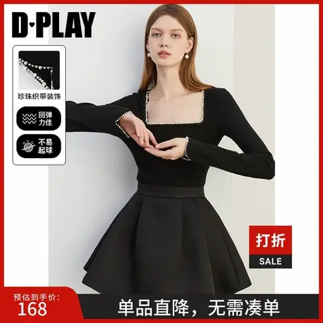 DPLAY2025年春季新款气质黑色毛衣女方领复古针织衫打底衫上衣图片