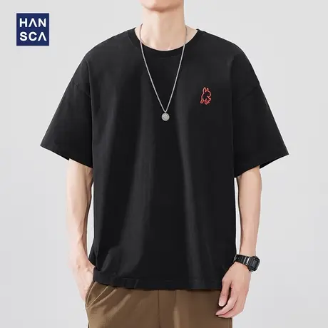 hansca 日系220g重磅短袖T恤男夏季2025新款宽松卡通刺绣休闲上衣商品大图