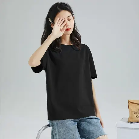 唐狮黑色纯棉短袖女t恤夏半袖宽松上衣女2024新款爆款夏装减龄VB商品大图