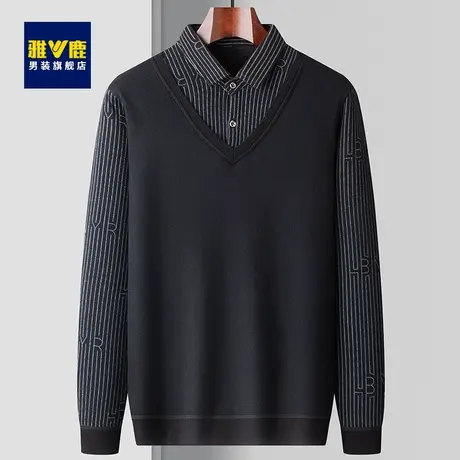 雅鹿男士假两件毛衣打底衫加绒衬衫领秋冬季条纹款长袖t恤上衣图片