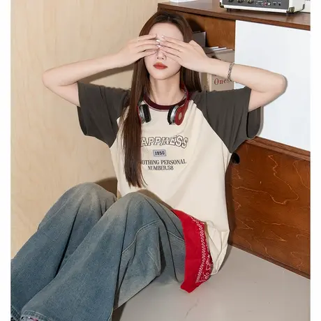 唐狮新款夏季美式短袖T恤女复古撞色插肩袖加厚纯棉休闲上衣商品大图