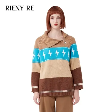 RIENYRE毛针织衫女2023秋冬新款美式复古设计感高领宽松撞色毛衣商品大图