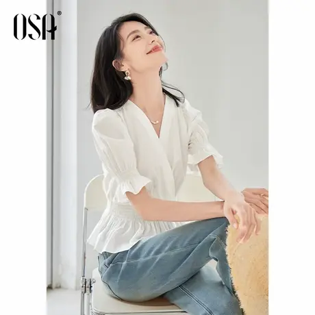 OSA欧莎法式V领泡泡袖衬衫女夏季2024年新款气质收腰短款衬衣小衫图片