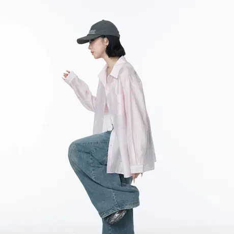 美式轻薄粉色物理防晒衬衫女夏季宽松透气罩衫天丝凉感衬衣外套商品大图