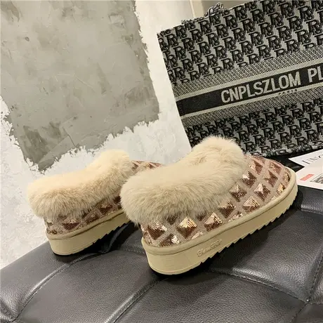 雪地靴女冬低帮2022年新款洋气亮片毛毛边一脚蹬加绒加厚保暖棉鞋商品大图