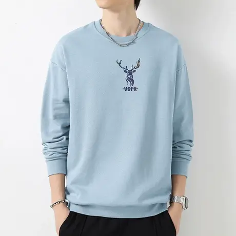 380g重磅纯棉卫衣男潮ins秋冬加绒摇粒绒无帽上衣鹿头圆领长袖t恤商品大图