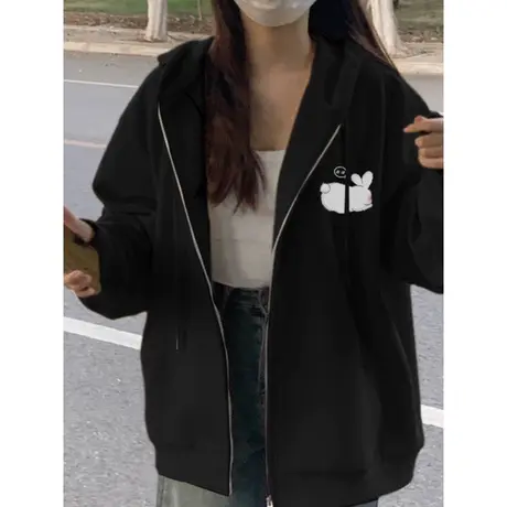 黑色薄款连帽开衫卫衣女春秋季百搭宽松显瘦bf慵懒风学生上衣外套商品大图