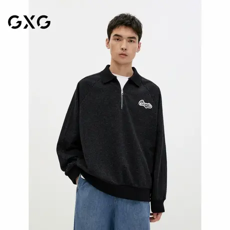【X】GXG男装黑色复古绣花时尚休闲翻领宽松卫衣男士24年秋季品商品大图