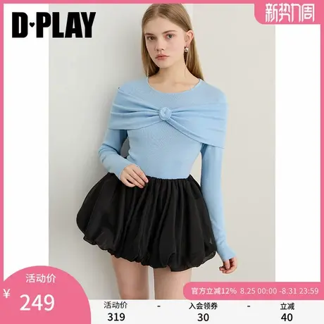 DPLAY2025年秋季新款蓝色针织衫女亮丝正肩修身上衣圆领打底衫商品大图