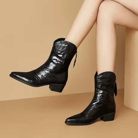 柔软舒适复古羊皮绒里后拉链尖头时装气质靴粗跟中跟软面软皮短靴图片