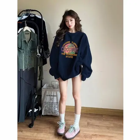 卫衣女无帽藏蓝色2025新款圆领早秋宽松韩系穿搭冬季加绒加厚上衣商品大图