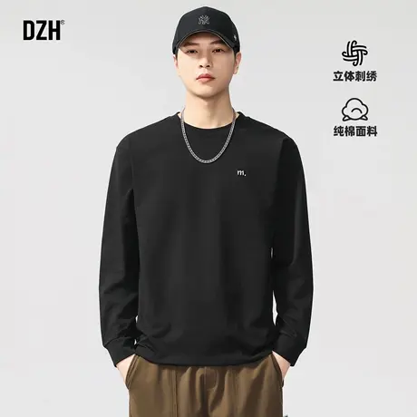 男士刺绣黑色长袖t恤男款纯棉宽松2025新款春秋季休闲上衣打底衫商品大图