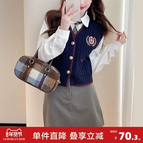 唐狮秋冬美式学院风V领开衫针织马甲女春秋外穿高级感百搭图片