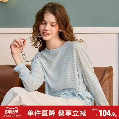 唐狮2026春季新款长袖T恤女针织薄款条纹宽松上衣绑带设计感休闲商品大图