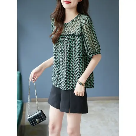 宝诗黎圆领蕾丝拼接印花雪纺衫2023夏季新款五分袖宽松套头上衣女商品大图