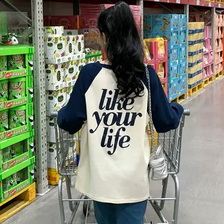 唐狮新款春秋长袖T恤女圆领插肩袖美式复古休闲百搭今年流行TE图片