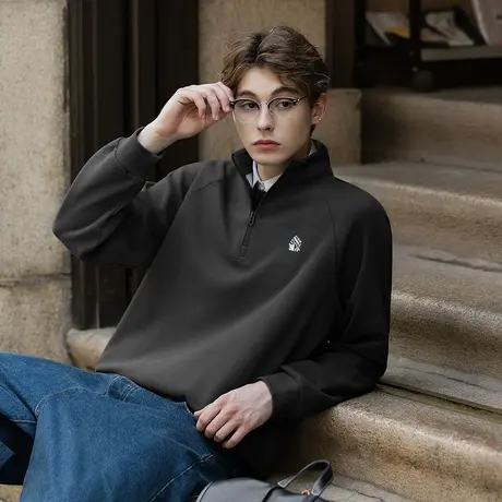 唐狮秋季长袖polo衫男立领精致刺绣翻领灰色拉链半开襟休闲TMTA商品大图