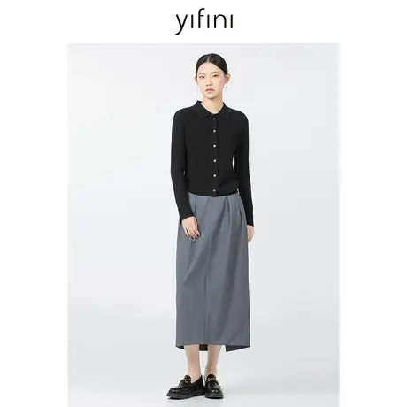 Yifini/易菲高腰直筒中长款抽褶半身裙女23秋季新款通勤简约半裙图片