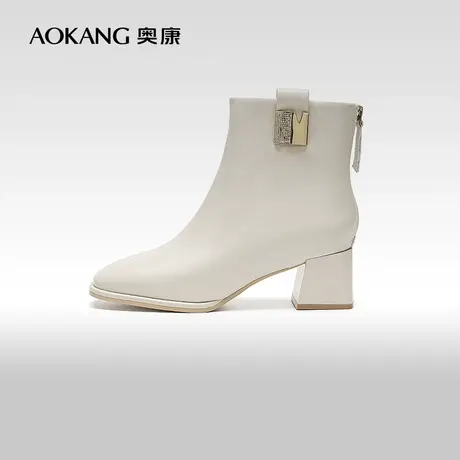 【门店发货】奥康女鞋 2023冬季新款优雅方头时装靴加绒方跟短靴图片