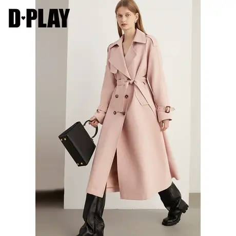 DPLAY2023年冬新气质通勤OL风定制粉色双排扣中长款风衣商品大图
