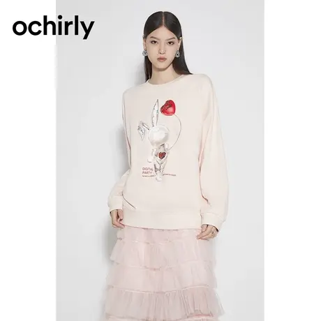 【品牌甄选】欧时力 科技感兔子印花卫衣23新款秋装纯棉休闲上衣商品大图