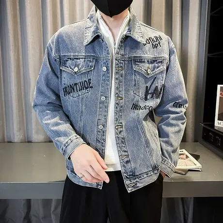 牛仔外套男春秋季网红爆款ins潮牌短款轻熟上衣字母印花水洗夹克图片