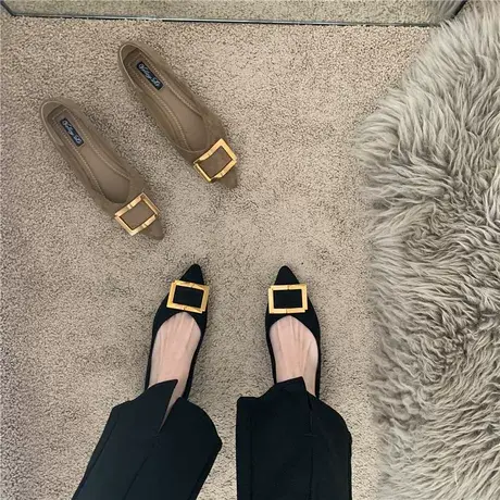 晚晚风通勤款平底鞋尖头浅口鞋秋季新款绒面复古黑色玛丽珍女鞋子商品大图